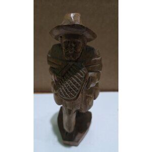 Folk Art Wood Carved Traveling Man Wearing Hat Carrying Bag On Back 6"